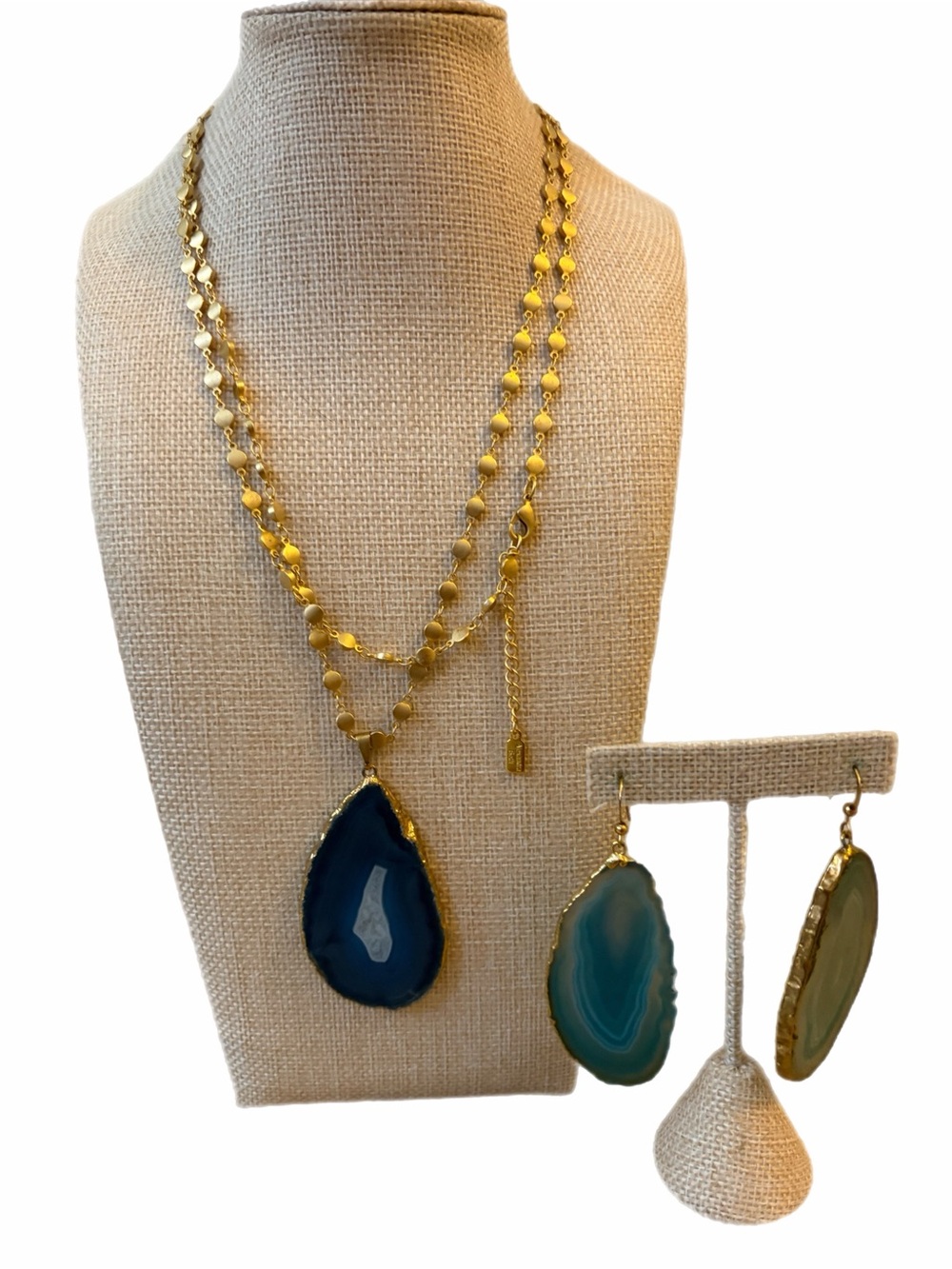 Alexandra Beth Gold-Trim Blue Agate Necklace and Earrings Set